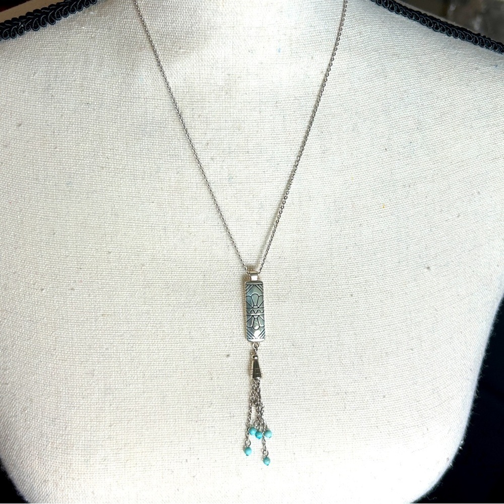 Brighton Marrakesh Mesa Necklace Tassel Turquoise Hue Silver Plated Etched Bar - Picture 2 of 15